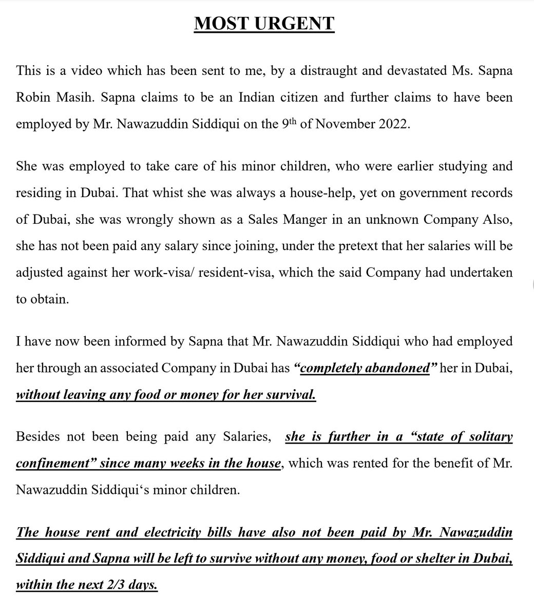 RizwanSiddiquee's tweet photo. The video &amp; my statement speaks for itself. Govt authorities are requested to urgently rescue the house help of @Nawazuddin_S from Dubai where the girl is in a state of Solitary Confinement
@cgidubai @UAEembassyIndia @LabourMinistry @HRDMinistry
@MEAIndia @CPVIndia @OIA_MEA https://t.co/EyQ8DiHPG2