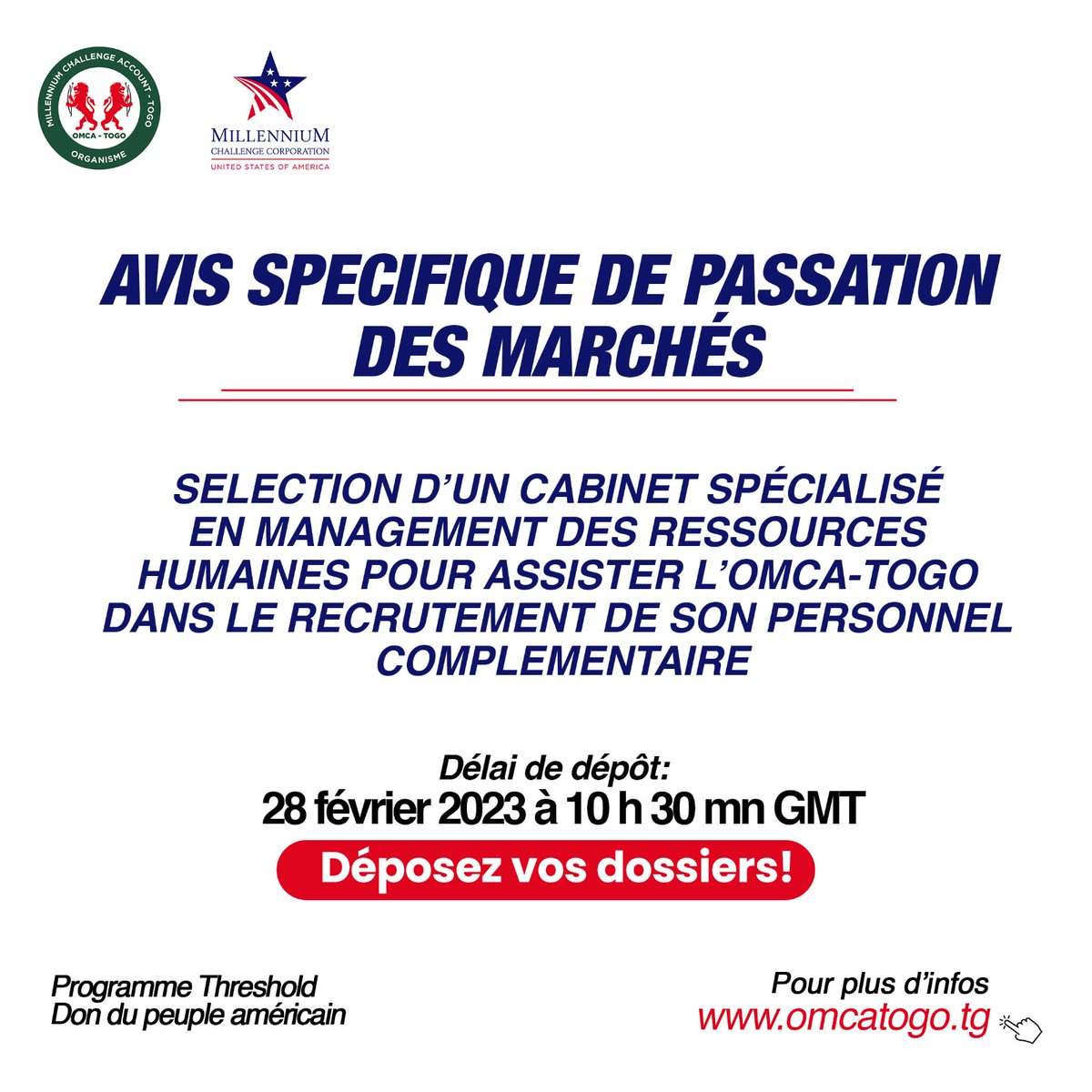 #management #recrutement #threshold #mcc
<a href="/OmcaTogo/">OMCA TOGO</a> recherche un cabinet RH
Pour plus d'informations, veuillez consulter ce lien bit.ly/3xwtoUY