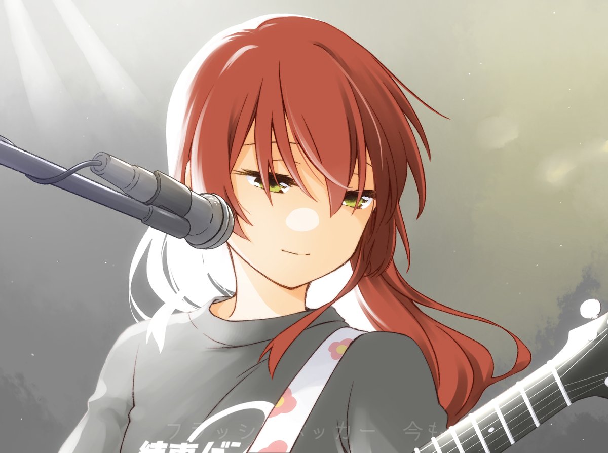1girl microphone instrument guitar red hair shirt solo  illustration images