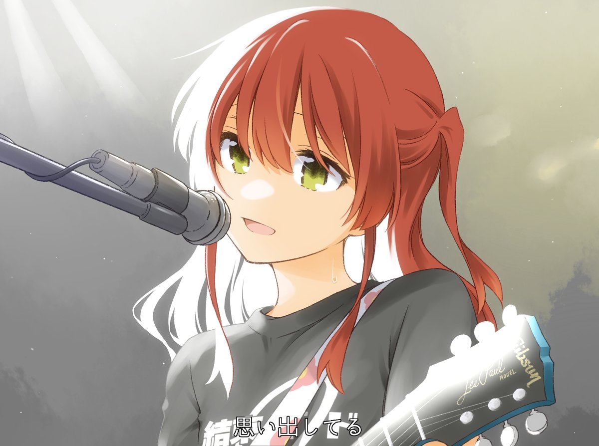 1girl microphone instrument guitar red hair shirt solo  illustration images