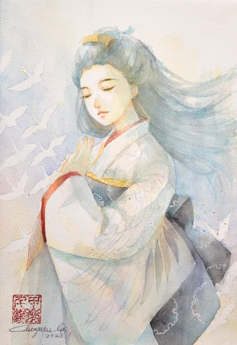 1月開催の「KIZUNA2023展」GALLERY AND LINKS81()にて4位を頂きました!上位20名の作品がサイトで見ることが出来ますぬ「舞鶴」 #美人画  #透明水彩 顔彩 