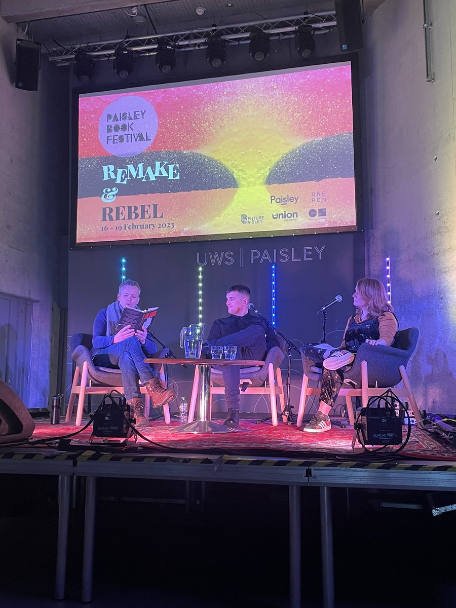 BookPaisley's tweet photo. Falkirk’s very own Ryan O’Connor joins @G_Armstrong21 and @kirstininnes on stage for a special reading 📖 #PBF23 #RemakeandRebel https://t.co/nKvxXKYRZg