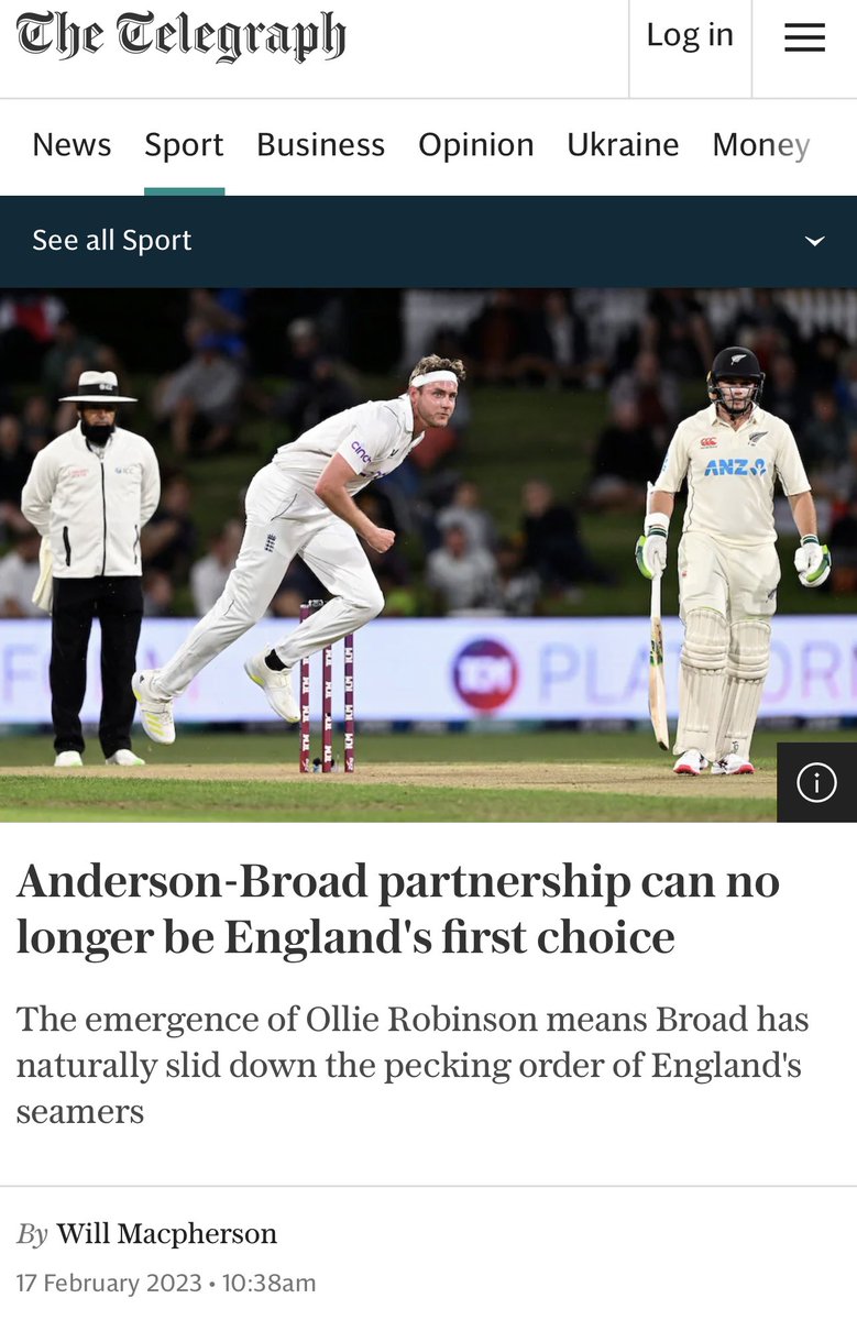 Sam_Barham's tweet photo. @Telegraph @TelegraphSport I think… I think you might be wrong still… never doubt the GOAT bowling attack in test cricket… @englandcricket @TheBarmyArmy @StuartBroad8 #Broad #Anderson #NZLvENG https://t.co/rKyFRS0jV5