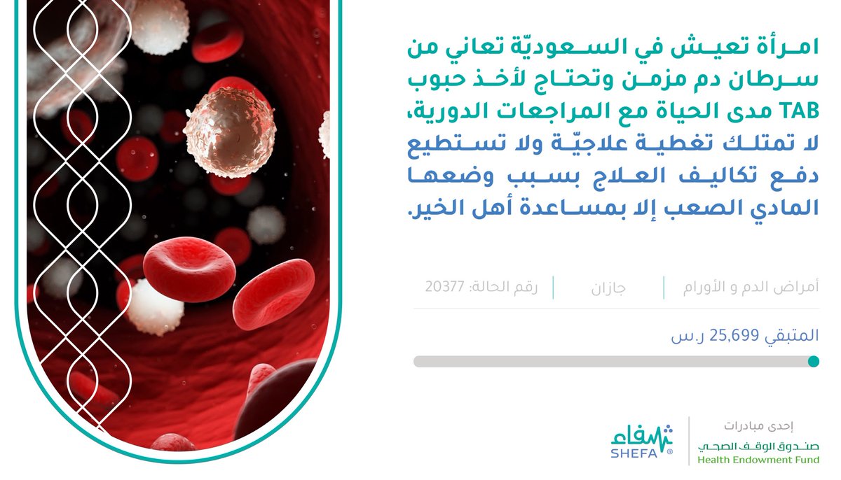 shefaa_sa's tweet photo. امرأة تعيش في السعوديّة تعاني من سرطان دم مزمن وتحتاج لأخذ حبوب TAB مدى الحياة مع المراجعات الدورية، لا تمتلك تغطية علاجيّة

https://t.co/XrQdlUqzzW https://t.co/EY4ueLVcTf