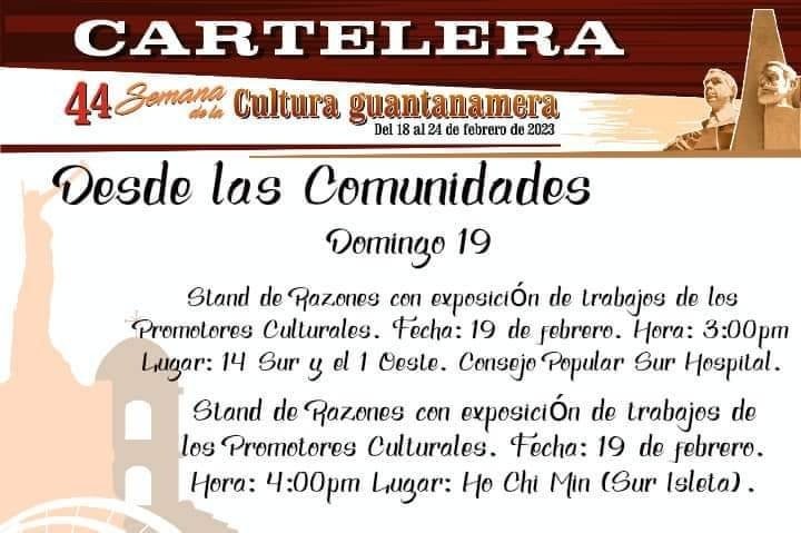 Estamos en la Jornada por la 44 semana de la Cultura en#Guantanamo participa junto a los trabajadores
#TrabajadoresProtagonistas 
#JuntarYVencer 
<a href="/UlisesGuilarte/">Ulises Guilarte de Nacimiento</a> 
<a href="/Rafael_Perezgtm/">Rafael Pérez Fernández</a> 
<a href="/ArletyBarazal/">Arlety Barazal Gutiérrez 🇨🇺</a> 
<a href="/DiazCanelB/">Miguel Díaz-Canel Bermúdez</a> 
@CubaCentral 
<a href="/PartidoPCC/">Partido Comunista de Cuba</a> 
<a href="/PresidenciaCuba/">Presidencia Cuba 🇨🇺</a> 
<a href="/VenceremosCuba/">Periódico Venceremos</a>
