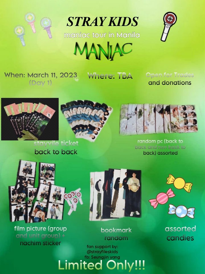 strayfileskids's tweet photo. Stray Kids Maniac Tour in Manila freebies (DAY 1) 

- stayvile ticket back to back
- random pc
- film picture (unit and OT8) 
- bookmark random
-assorted candies

Like and retweet
√ OPEN FOR DONATION JUST MESSAGE ME. 

#SKZinManila2023
#SKZinMNL2023 
#MANIAC_IN_MANILA https://t.co/nFSrpxks6t