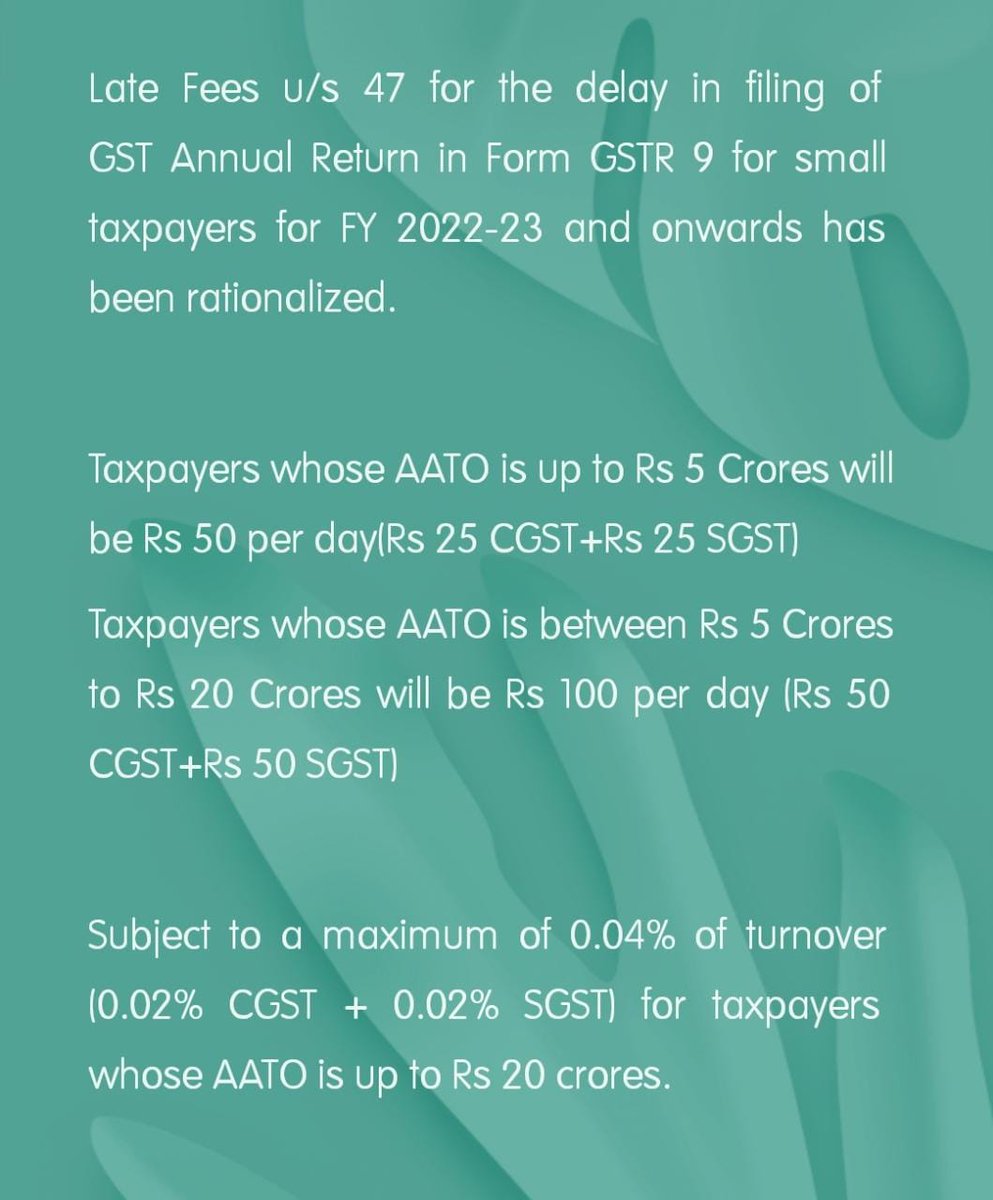 49th GST Council Meeting

Late Fees u/s 47 for the delay in filing of GST Annual Return in Form GSTR 9 for small taxpayers for FY 2022-23 and onwards has been rationalized.

CA Ajay Laxkar
Mumbai

#gst #GSTCouncil #GSTCouncilmeeting #GstAmnesty #GSTC2023