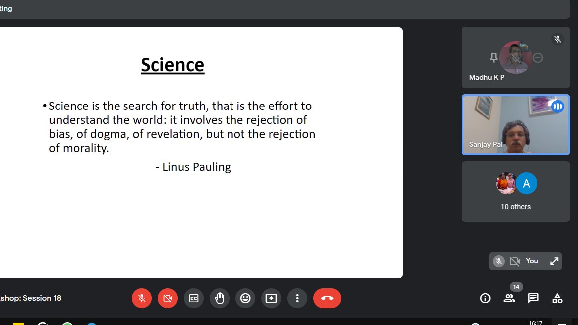 Dr. Sanjay Pai giving a talk on ethics on doing and publishing science. One of his slides displayed in the screen, quotes Linus Pauling, Science is the search for truth, that is the effort to understand the world: it involves the rejection of bias, of dogma, of revelation, but not the rejection of morality.