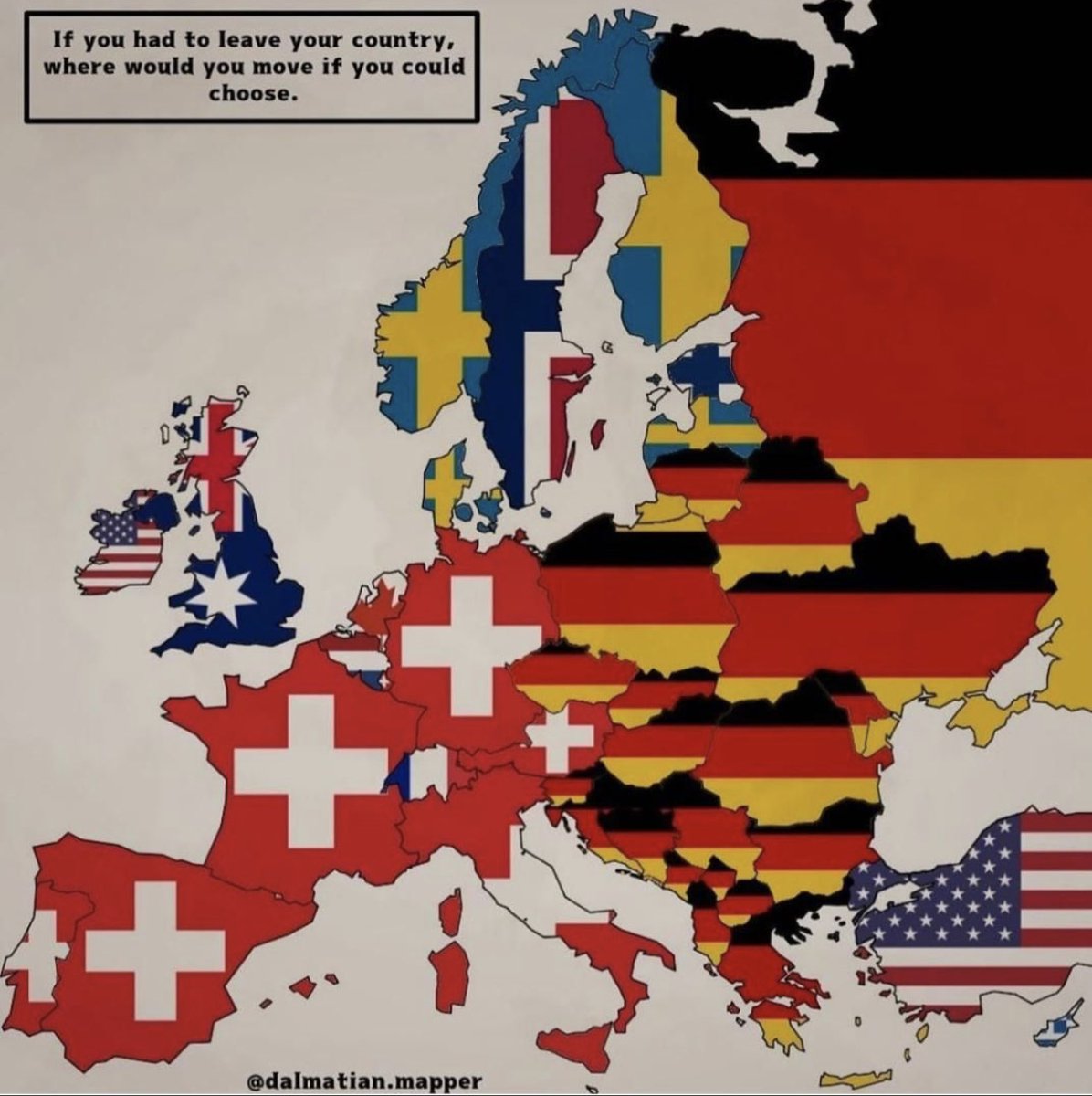 JohnPCFell's tweet image. Many surprises on this map, especially the number of people who could see themselves moving to Switzerland. Hard to draw a consistent message from it for the future of Europe. My guess is that not only does language matter but second language training is key. Thoughts?