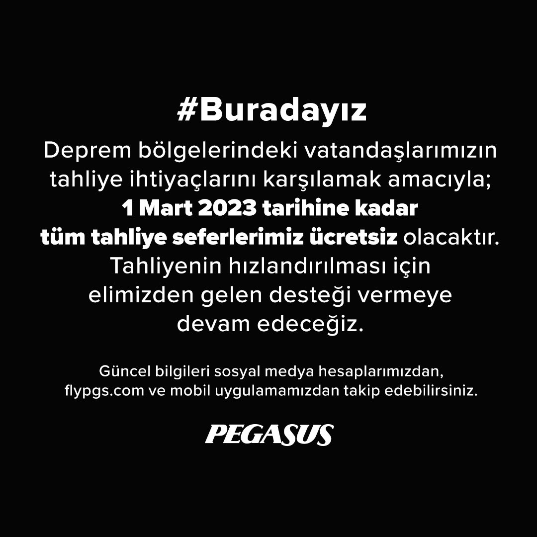 Deprem bölgelerindeki vatandaşlarımızın tahliye ihtiyaçlarını karşılamak amacıyla, 1 Mart 2023’e kadar tüm tahliye seferlerimiz ücretsiz olacaktır. Tahliyenin hızlandırılması için elimizden gelen desteği vermeye devam edeceğiz.