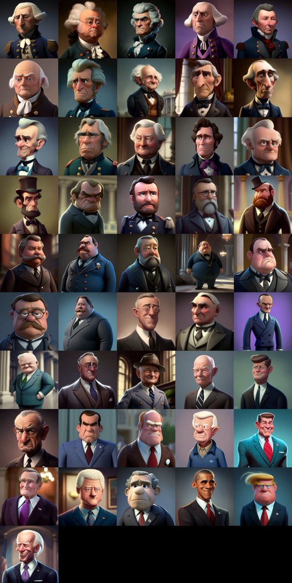 ianbremmer's tweet photo. us presidents as pixar cartoon characters? ai’s got that. 

tremendous stuff. gerry ford needs a feature length film. 

ht @DSzymborski https://t.co/E6jhY9FkCj