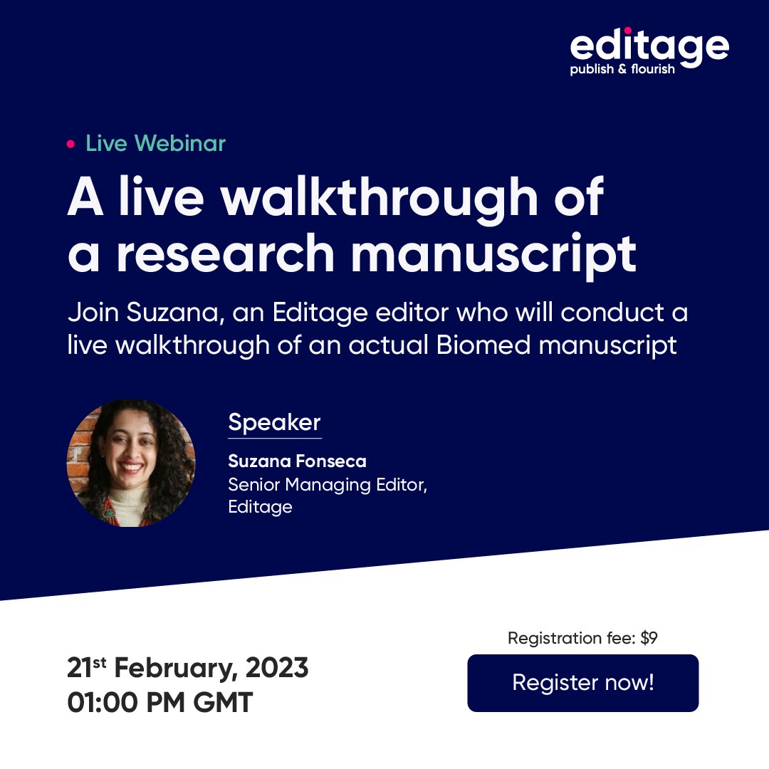 Editage's tweet photo. 📢🎓 Join our monthly live walkthrough session and learn how to improve your Biomed manuscripts! 📝

💻 Register now at https://t.co/TMbno3CnH2 and take your research to the next level with our expert tips and insights. 
#Editage #BiomedResearch #ManuscriptImprovement https://t.co/tzPGh8vLLT