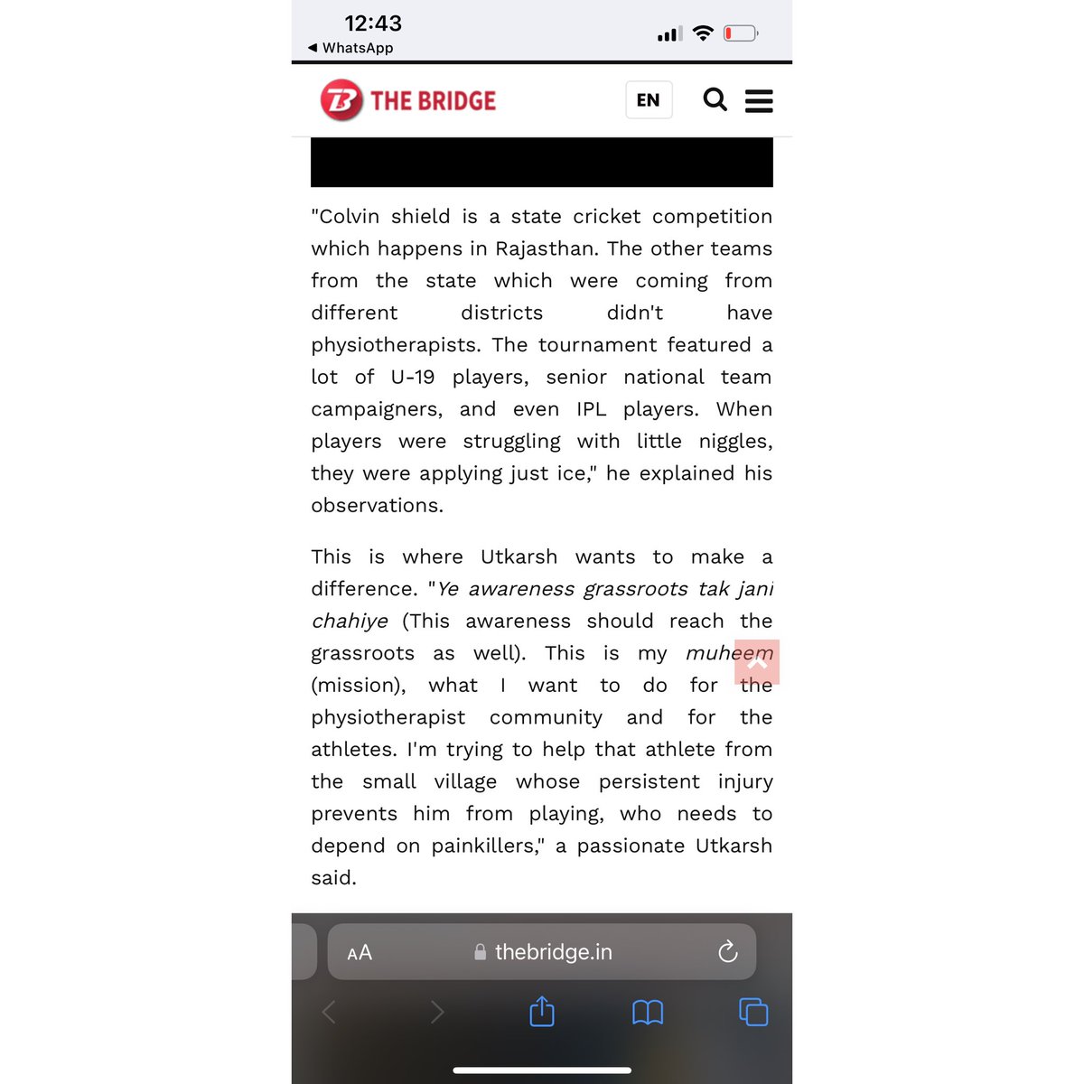 askdr_ut's tweet photo. https://t.co/fMeStyrfZT

The bridge (prominent sports media in india) has published an article on Dr. Utkarsh kulshreshtha, Head Physio of Kolkata Thunderbolts about my professional journey &amp; my mission.
@the_bridge_in https://t.co/3srP5Peiur