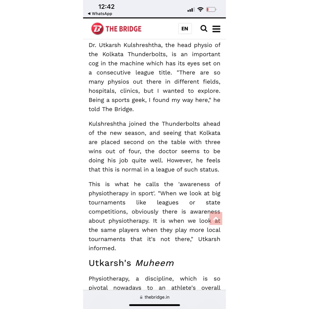 askdr_ut's tweet photo. https://t.co/fMeStyrfZT

The bridge (prominent sports media in india) has published an article on Dr. Utkarsh kulshreshtha, Head Physio of Kolkata Thunderbolts about my professional journey &amp; my mission.
@the_bridge_in https://t.co/3srP5Peiur