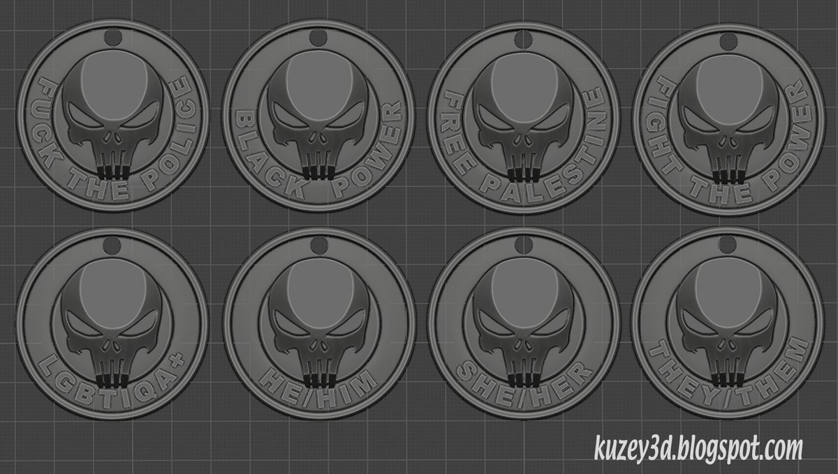kuzey3d's tweet image. I did my first #spout, is that the correct term?

Anyway, It was the leftist #punisher keyrings, they do look good though lols #blender #3d #3Dprinting #Spoutible