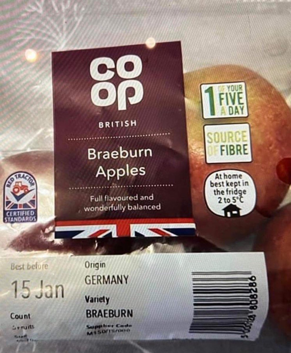 What are the laws on labelling ? because when retailers use a red tractor, put “British” prominently on a label, and use a Union Jack motif I don’t expect German apples The coop should stop this and apologise to British farmers. I’m a member, a cooperator, and this incenses me.