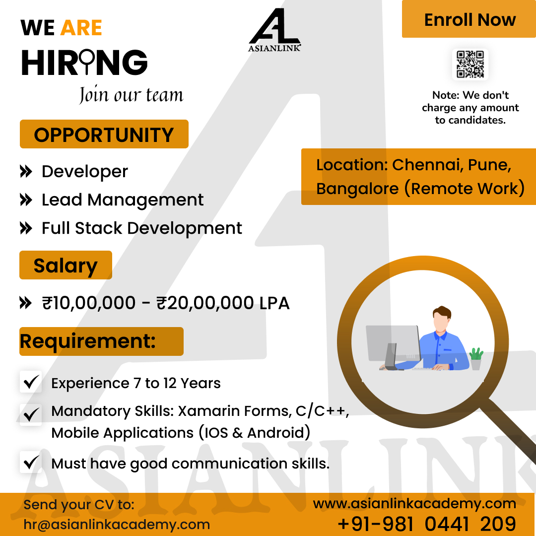 WE ARE HIRING

Location: Chennai, Pune, Bangalore (Remote Work)

Enroll Now

Send us your CV:
hr@asianlinkacademy.com

#jobinindia #jobsindia #latestjobs #jobindia #jobs #jobsearch #job #jobpost #work #nowhiring #opportunity #trending #indiajobalert #careers #jobopening