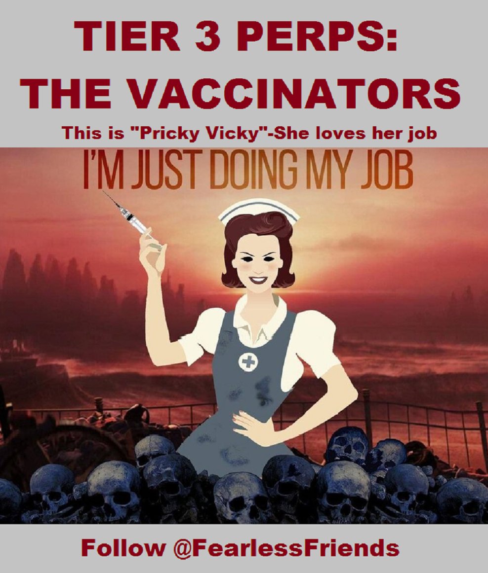 FearlessFriends's tweet photo. Meet the Perps #3: The #Vaccinators. These are the parking lot/huge #vaccination hall #PrickyVicky-s who give you the #covid19 #deathjab poison #shot without a second thought. 

They're all #masked up-#faceshields too. They want
anonimity? I suggest black #executioner hoods.👇 https://t.co/fl4pCTdMUg