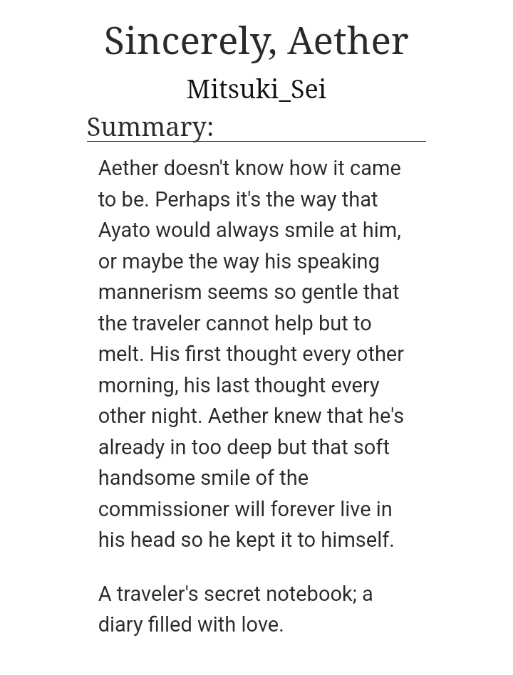Mitski30's tweet photo. https://t.co/aBnnfqgjPX
Dear Diary,
I really love him..
Sincerely,
Aether
#ayato #aether #ayatother #ayatoaether #ao3 #fanfic https://t.co/nbIzskfFxD