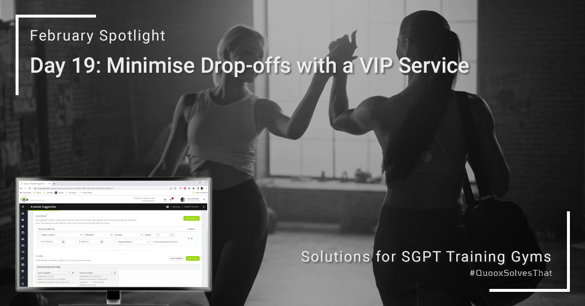 QuooxGMS's tweet photo. Day 19. Every trainer should be looking to ensure that as a member leaves a session, they have their next one booked. The auto-booking functionality within Quoox Ultimate takes care of this. #QuooxSolvesThat https://t.co/8mayuoH7wx