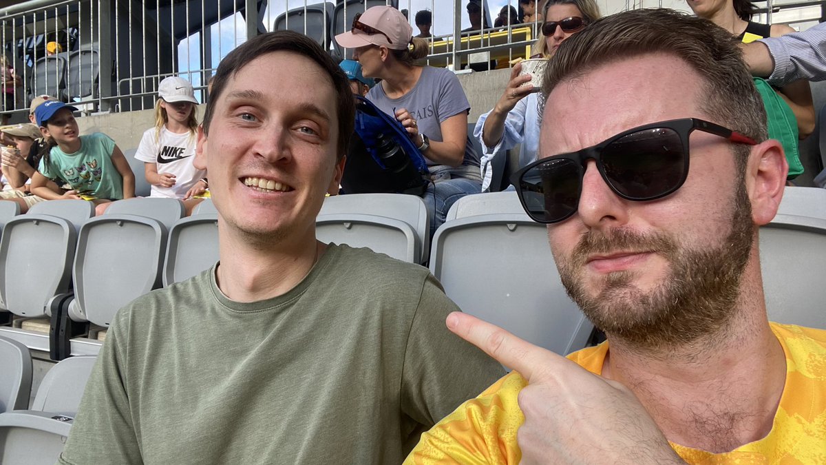 OffThePodiumPod's tweet photo. LOOK! Jarrod wasn’t busy today! And even better, he was available to help cheer on @TheMatildas with Ben! It’s an Off The Podium miracle! 

#OffThePodium #Podcast #Football #Matildas #Olympics #Meeting https://t.co/4yByRuULHm