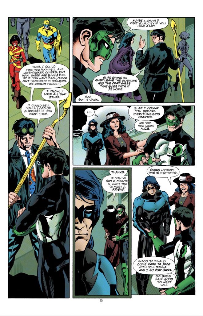 fingerstripes13's tweet photo. #DailyDick returns with Day 102!
Green Lantern (1990) #81
Donna Troy meets up with Dick Grayson at Hal Jordan’s funeral and formally introduces him to Kyle Rayner, her current boyfriend. Donna Troy has taste my friends. Also, fun cameo by Starman. Have not read, but I want to! https://t.co/d13DrEbu7y