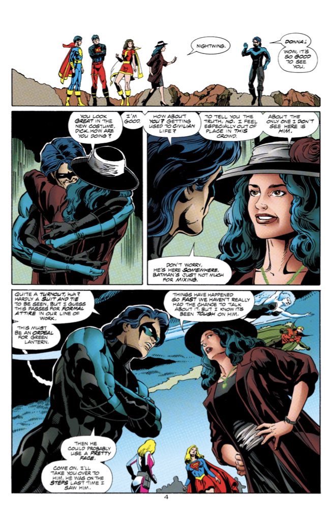 fingerstripes13's tweet photo. #DailyDick returns with Day 102!
Green Lantern (1990) #81
Donna Troy meets up with Dick Grayson at Hal Jordan’s funeral and formally introduces him to Kyle Rayner, her current boyfriend. Donna Troy has taste my friends. Also, fun cameo by Starman. Have not read, but I want to! https://t.co/d13DrEbu7y