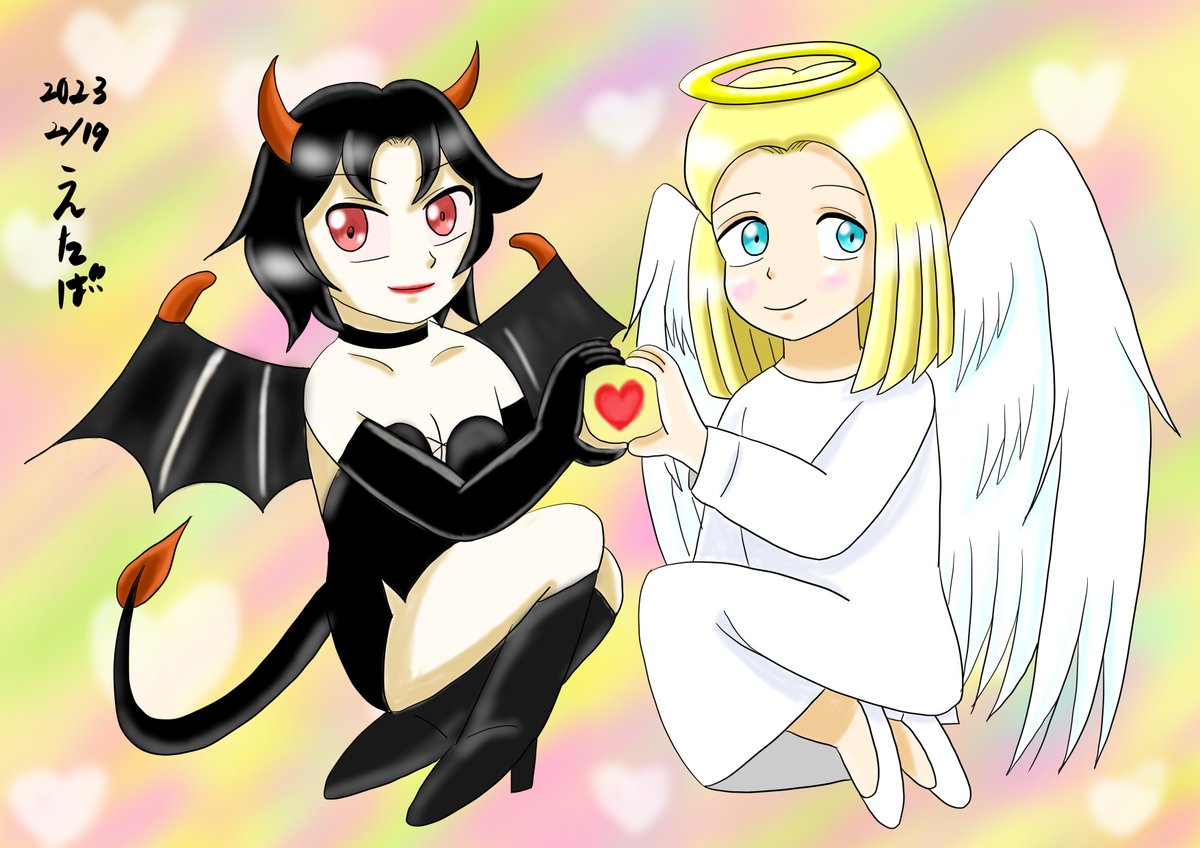 【ファンアート】
レバ美さん@rebami2020の「天使＆悪魔ちゃん」を描いてみました。2人ともかわいく、一度描いてみたいと思い描かせてもらいました。いつも楽しい漫画を描かれてとても和みます。 https://t.co/XaYdJtl5Yv