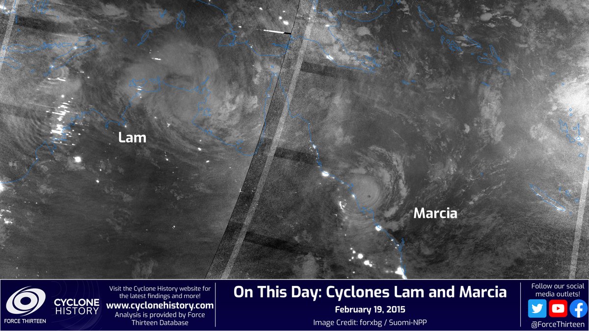 CycloneHistory's tweet photo. #OTD in 2015, two #cyclones were battering the Australian coast:
#CycloneLAM struck #NorthernTerritory earlier in the day.
#CycloneMARCIA, the strongest of the both, made landfall in eastern #Queensland.
Both storms caused more than $600 million in damages and no fatalities. https://t.co/2Z8I7CepWg