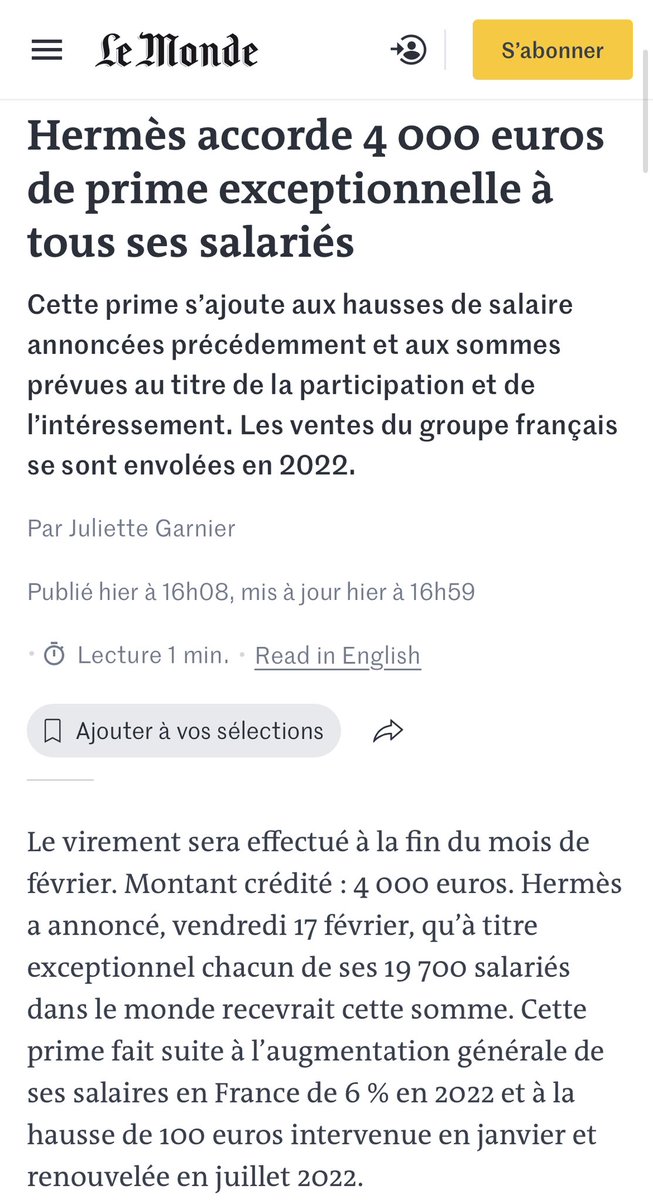 ➡️L’entreprise #Hermés va accorder 4000€ de prime à ses 19700 salariés,cette prime est la conséquence de la participation et de l’intéressement aux bénéfices suite à des ventes records. Le groupe #Hermés en fait plus pour les salaires en France que le groupe #LFI. Des faits.✔️