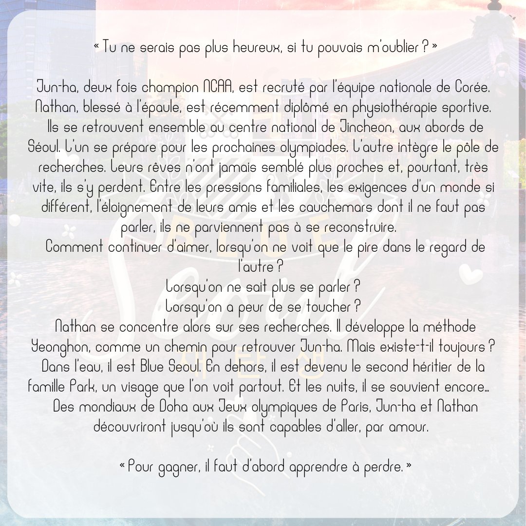 LilyHaime's tweet photo. #Résumé.
C'est la dernière ligne droite pour Blue Séoul. J'ai plein de petits extraits, je vais bientôt avoir le temps de les partager. En attendant, je pose le résumé par là. 🥰

Trés beau dimanche à tous ! https://t.co/0b4LJNqciC