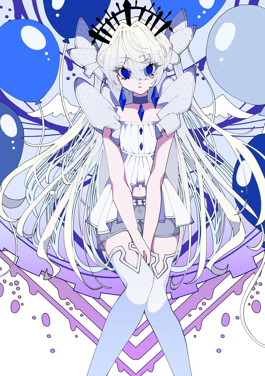 1girl solo blue eyes white hair long hair thighhighs balloon  illustration images