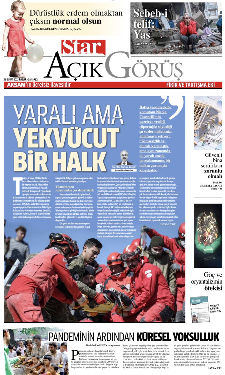TarkanZengin's tweet photo. Akşam Gazetesi #StarAçıkGörüş: 
“Yaralı ama yekvücut bir halk”

☑️Yıkım çok büyük
☑️Sahadaki müthiş dayanışma
☑️Yalanlar yağmadan çok fazla 
☑️Neler yapılabilir?

Depreme bölgesine ilişkin tespitlerimiz, gözlemlerimiz ve şahit olduğumuz diğer durumlar…👇
https://t.co/UiptLt5fCi https://t.co/2KG4YrEFqR