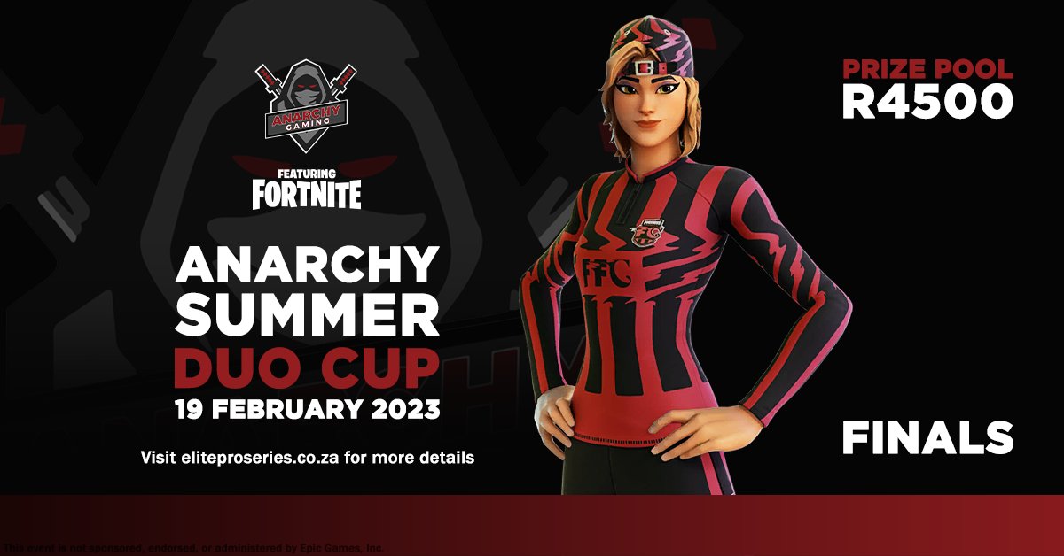 Anarchy Gaming Summer Duo Cup 🏆

DATE: 19/02/2023
START: 14:00
REGISTRATION START: 12:00
REGISTRATION CLOSE: 13:00
CHECK IN TIME: 13:00

💰R 4 500 Prize Pool

1st - R2000
2nd - R1500
3rd - R1000

  ℹ️  Hosted by <a href="/ElitePro_Series/">HE GTM</a>
🌏eliteproseries.co.za

Thumbnail by <a href="/KAIIIZY/">Kaiiiz</a>