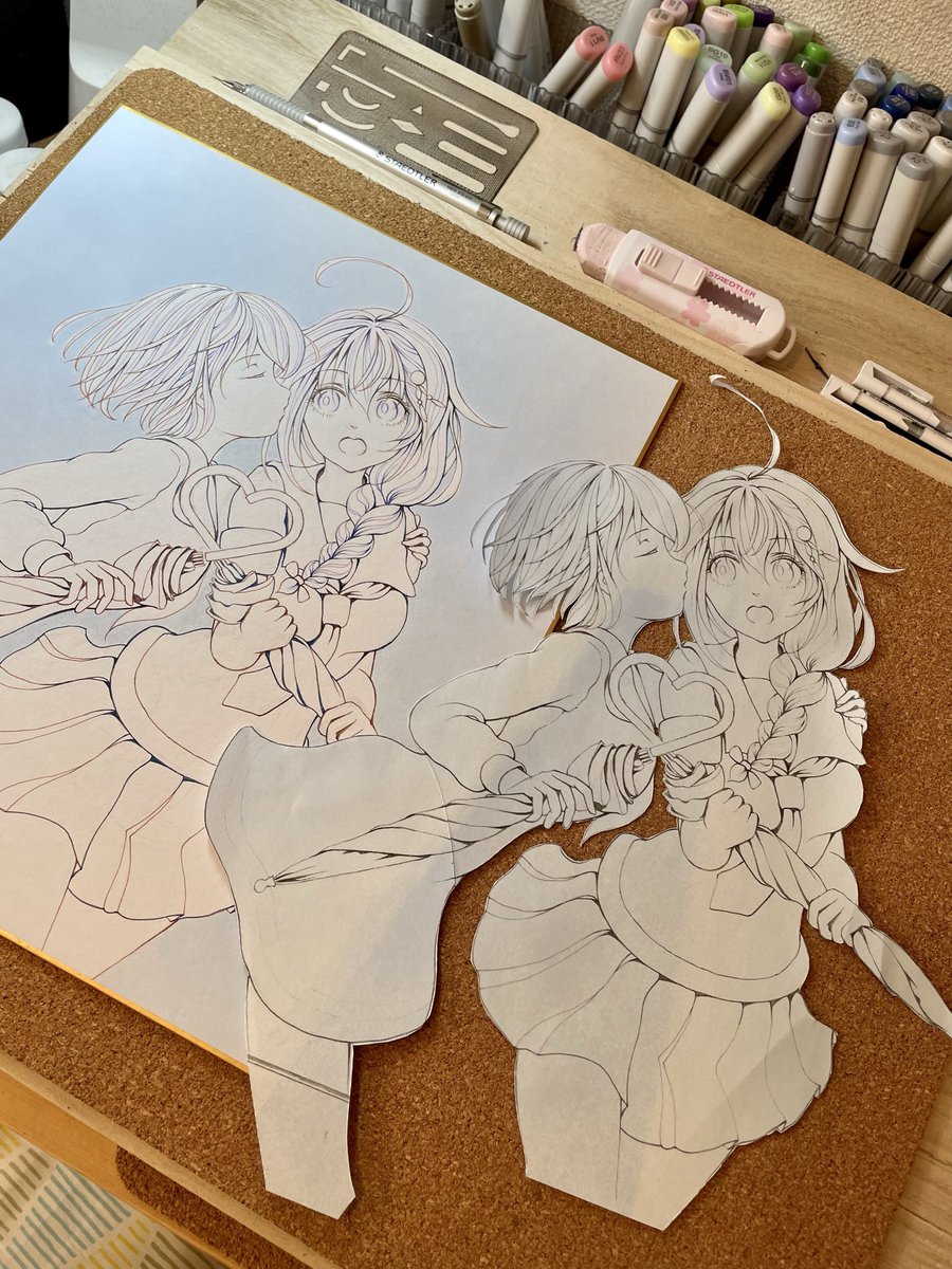 「コピックで背景をムラなく均一に塗るのはとっても難易度が高いのですが…今回は試しに」|おかめのイラスト