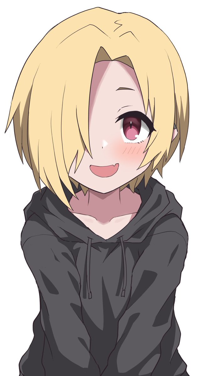 shirasaka koume 1girl solo blonde hair hood hair over one eye hoodie simple background  illustration images