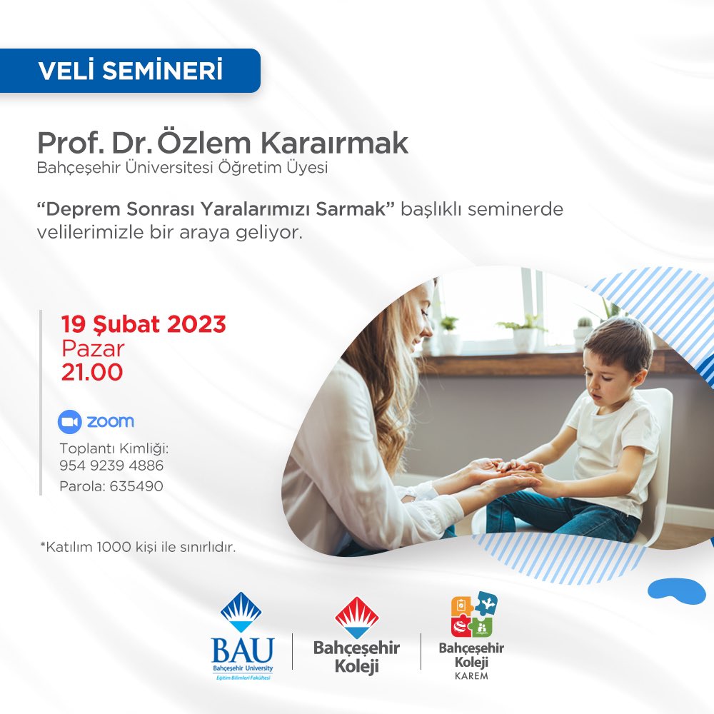 🔔 BAU <a href="/bauebf/">BAU EBF</a> Öğretim Üyesi Prof. Dr. Özlem Karaırmak “Deprem Sonrası Yaralarımızı Sarmak” başlıklı seminerde velilerimizle bir araya geliyor. 
 
📆19 Şubat Pazar 
⏰21.00

#KAREM