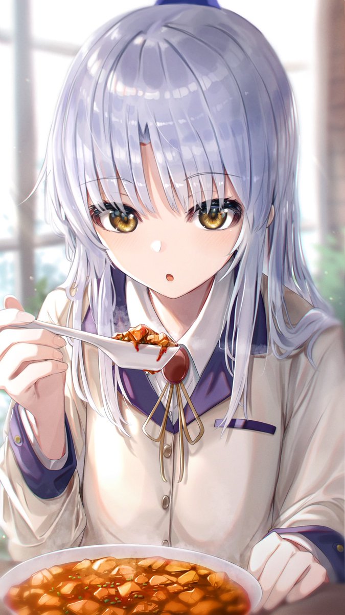 tachibana kanade 1girl solo jacket food yellow eyes long hair spoon  illustration images