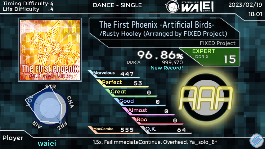 waiei's tweet photo. StepManiaで「The First Phoenix -Artificial Birds-」をプレイしました！ スコア：96.86% #SMResult
このアレンジ個人的に結構良くできたと思ってる https://t.co/uJ1CUvcp2Z