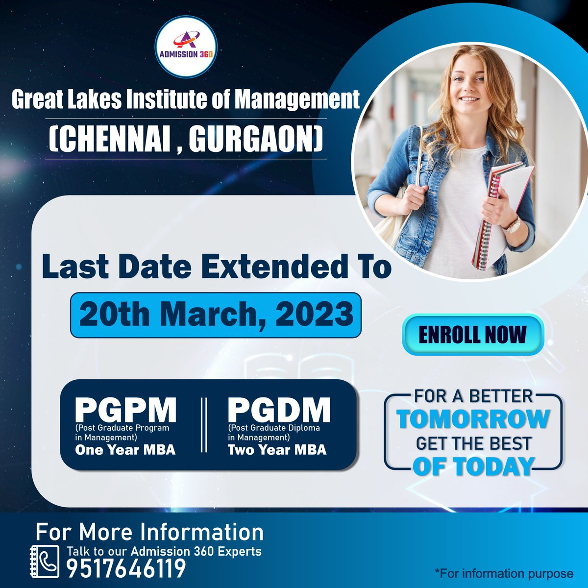 360_admission's tweet photo. Great Lakes Institute of #Management, (Chennai, Gurgaon)
Last date extended to : 20th March, 2023
PGPM || PGDM

For a better tomorrow get the best of today.

☎️ 95176 46119
👉 https://t.co/ckcghvswYG

#admissionsopen2023 #education #mbbs #MBA #study
#studyabroad #PGPM #PGDM https://t.co/SWXWoJda0Q