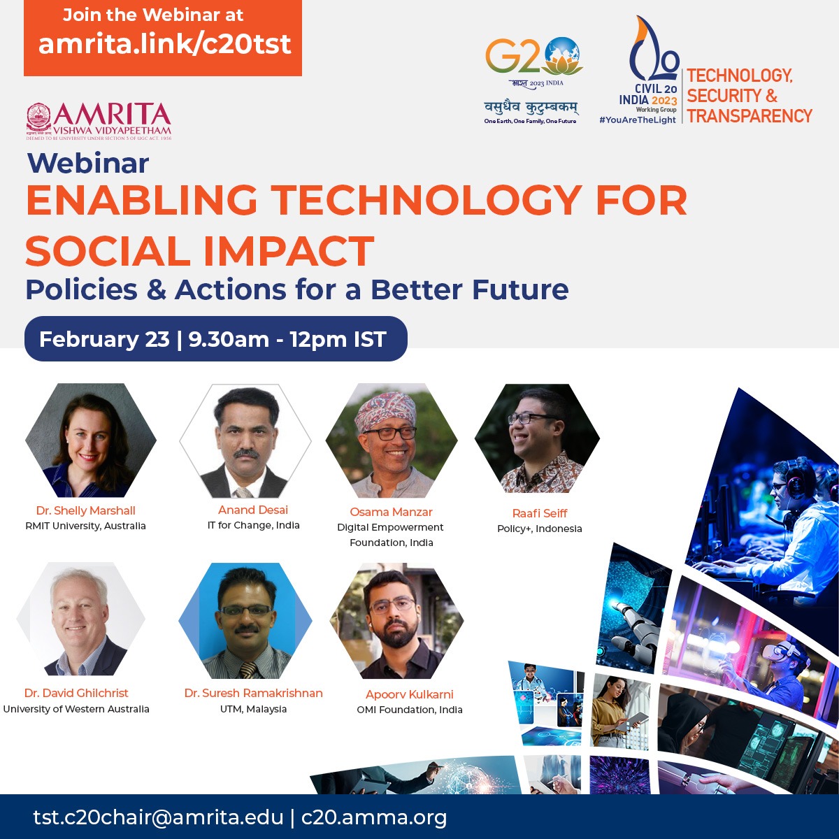 C20EG's tweet photo. C20 WG on Tech,Security &amp; Transparency is holding a webinar on Enabling Tech for Social Impact on 23rd Feb from 9:30AM-12PM IST.

Join the webinar at https://t.co/3LgznpgP0M https://t.co/AXXUlMWiuI