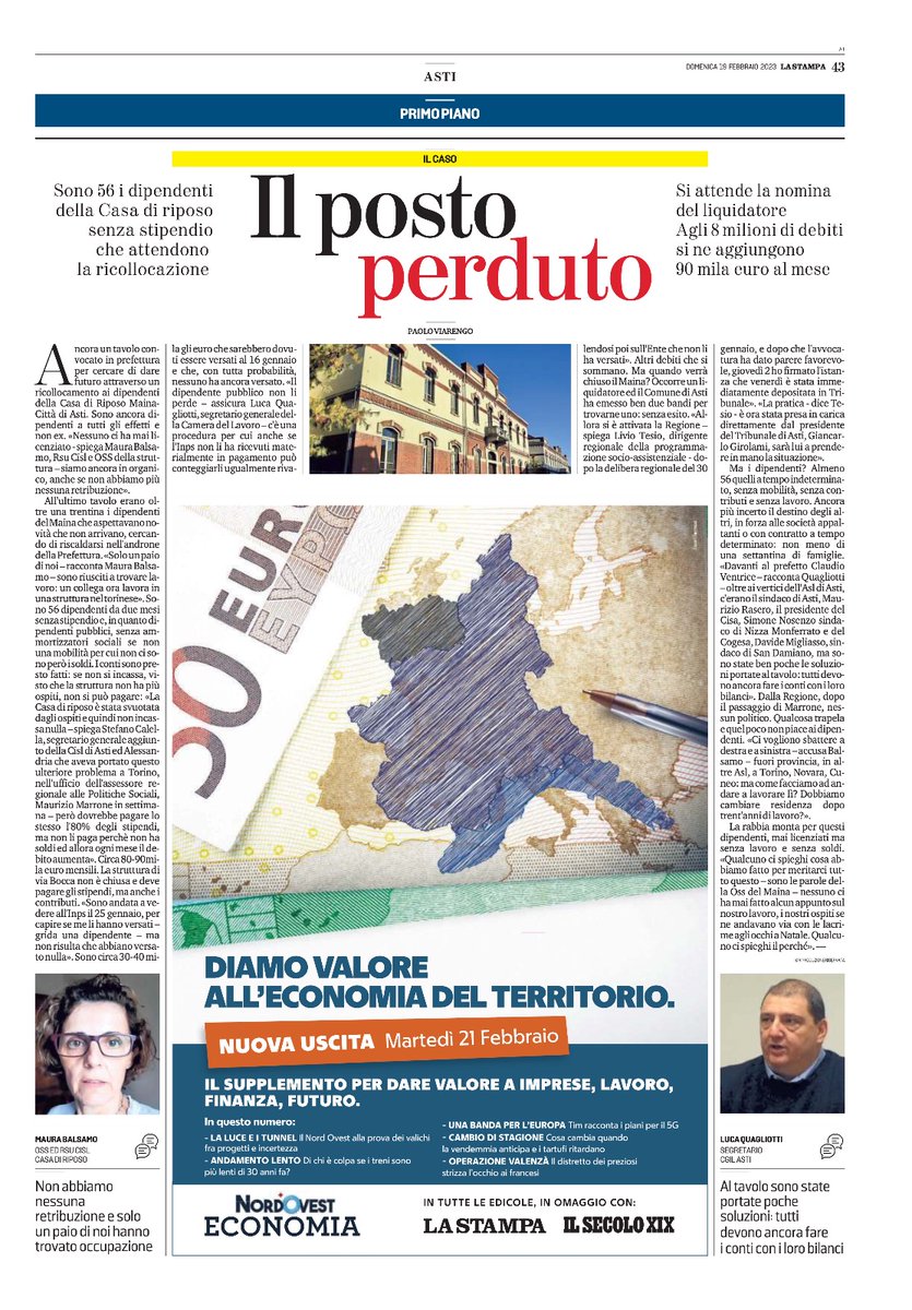 AlessandriaAsti's tweet photo. #FpCisl
#CasadiriposodiAsti
#Ilpostoperduto 

La Stampa domenica 19 febbraio 2023 https://t.co/zH6cv1YtHN