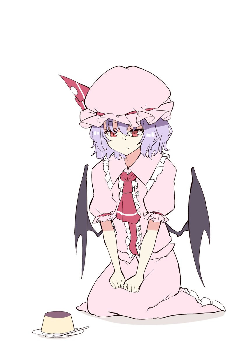 remilia scarlet 1girl pudding solo wings hat bat wings food  illustration images