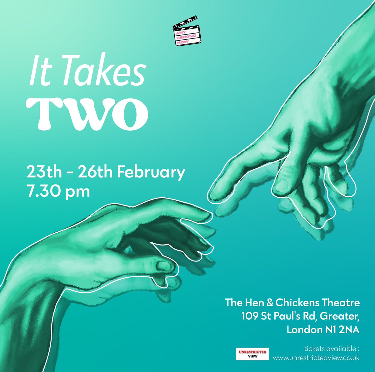 Want to see a show next week? 

Come and see our friends <a href="/AnySecondNow1/">Any Second Now Productions</a> next show - 

🎭 IT TAKES TWO 🎭

Following 2 SELLOUT RUNS - it is NOT TO BE MISSED! 

🎟️ bit.ly/3Sa5KH8 
🎭 23-26 Feb 
⏱️7:30PM 
<a href="/TheHenChickens/">The Hen and Chickens Theatre</a> 

We couldn’t recommend this show enough!