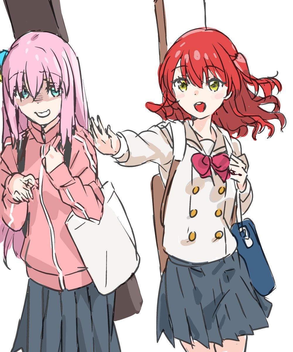 gotou hitori instrument case multiple girls 2girls red hair pink jacket school uniform jacket  illustration images