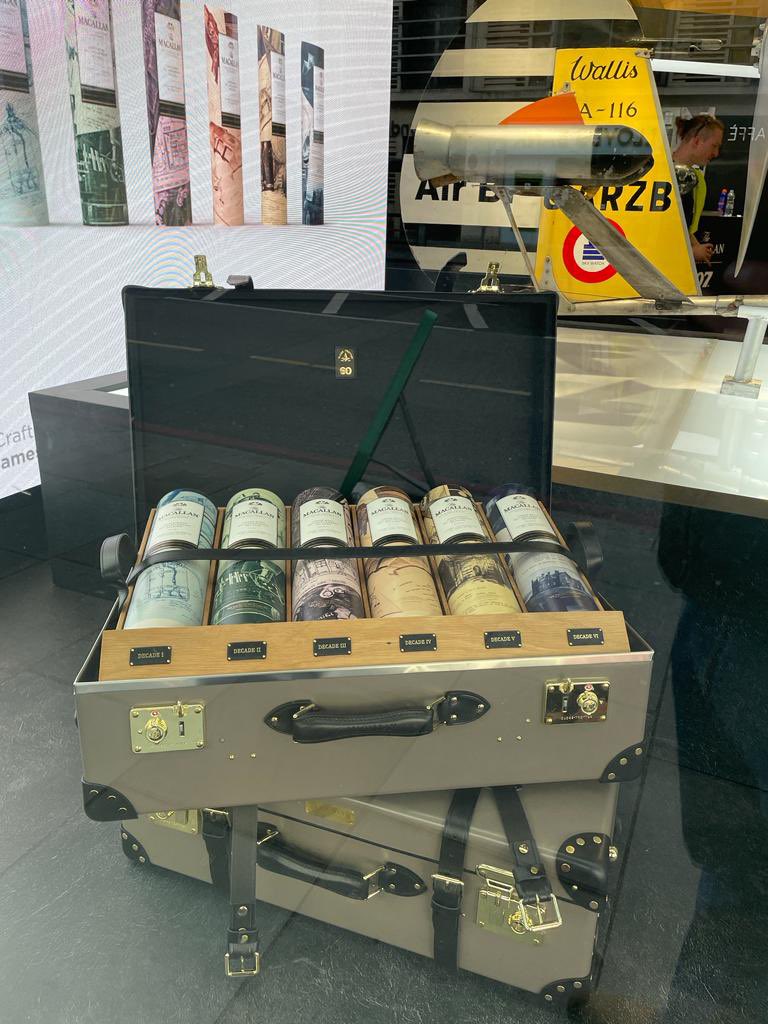 KiaronWhitehead's tweet photo. Super creativity. @HarlequinLondon working overnight on this superb @KenWallisMBE @Harrods window display for the sublime @The_Macallan @007 60th anniversary whisky. Slept out on the street overnight to be front of the queue to purchase the six bottle collection. https://t.co/18m2uRS7dT