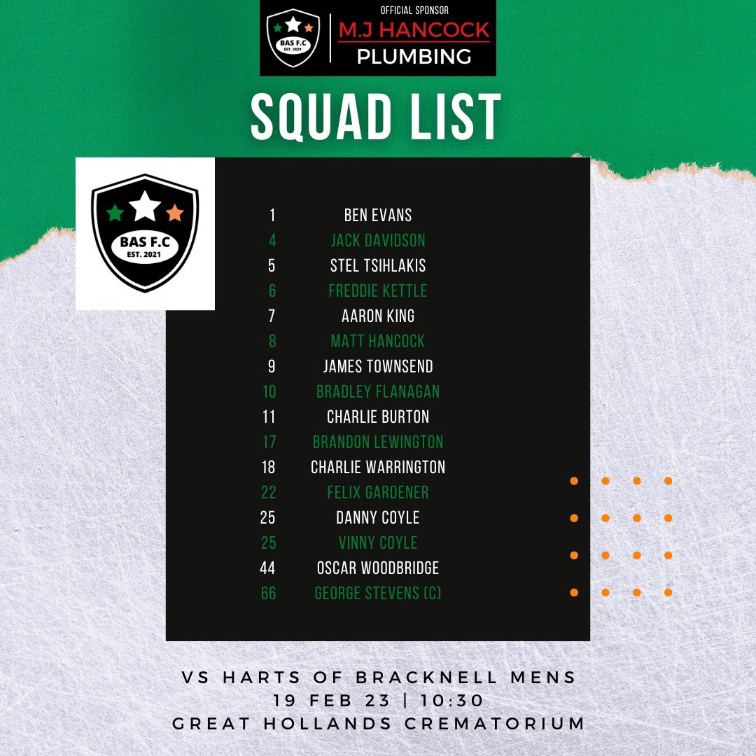 BAS F.C. (@officialbasfc) on Twitter photo The BAS are looking to bounce back this week after a lacklustre performance last time out. We take on <a href="/HartsBracknell/">Harts of Bracknell F.C First</a> at long last after having the fixture cancelled 3 times.
🏆League
🆚<a href="/HartsBracknell/">Harts of Bracknell F.C First</a>
📍 Easthampstead Crem. RG40 3DW
⌚️Sunday 19th Feb 10:30AM
#UpTheBAS The BAS are looking to bounce back this week after a lacklustre performance last time out. We take on <a href="/HartsBracknell/">Harts of Bracknell F.C First</a> at long last after having the fixture cancelled 3 times.
🏆League
🆚<a href="/HartsBracknell/">Harts of Bracknell F.C First</a>
📍 Easthampstead Crem. RG40 3DW
⌚️Sunday 19th Feb 10:30AM
#UpTheBAS