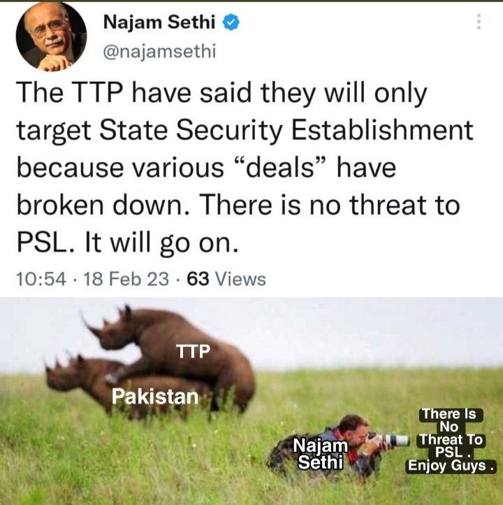 Tushar Sharma (@tushars88529074) on Twitter photo PCB chairman <a href="/najamsethi/">Najam Sethi</a> tweeted this and later deleted it. Best wishes to the country going to #pakistan for Asia cup 2023. security of #pakistan depends on mood & target of TTP 😂😂
#Karachi, #PSL2023 PCB chairman <a href="/najamsethi/">Najam Sethi</a> tweeted this and later deleted it. Best wishes to the country going to #pakistan for Asia cup 2023. security of #pakistan depends on mood & target of TTP 😂😂
#Karachi, #PSL2023