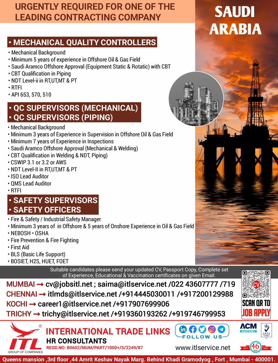 JOB VACANCY FOR #saudiarabia

CLICK ON LINK TO APPLY JOB > bit.ly/3bVNhxf
Learn more :
itlservice.net

#ksajobs #saudijobseeker #qualitycontrol #supervisor #mechanical #piping  #safetysupervisor #safetyofficer #offshore #offshorejob #offshoreindustry #oilandgas