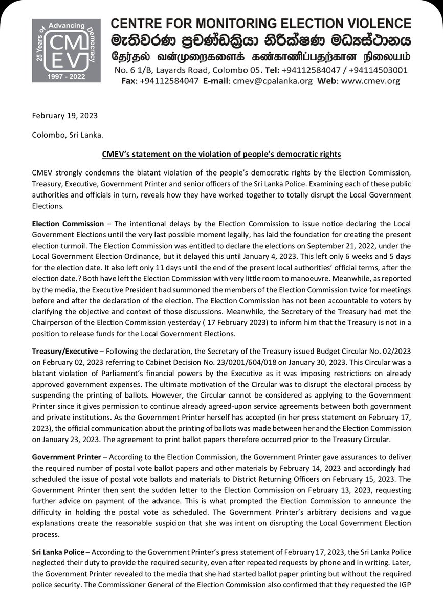 cmev's tweet photo. #CMEV strongly condemns the blatant violation of the people's democratic rights by the Election Commission, Treasury, Executive, Government Printer and Senior officers of the Sri Lanka Police.
👉Press statement
#LGE2023 #CMEV #Elections2023 https://t.co/0htFSMR4Z1